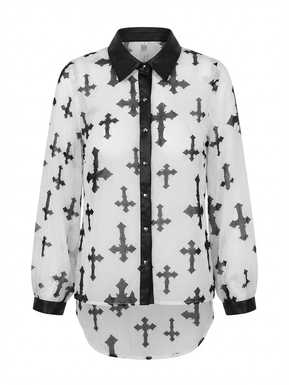 Sheer Cross Print Button-Up Blouse in Black and White Sz Small A10-081
